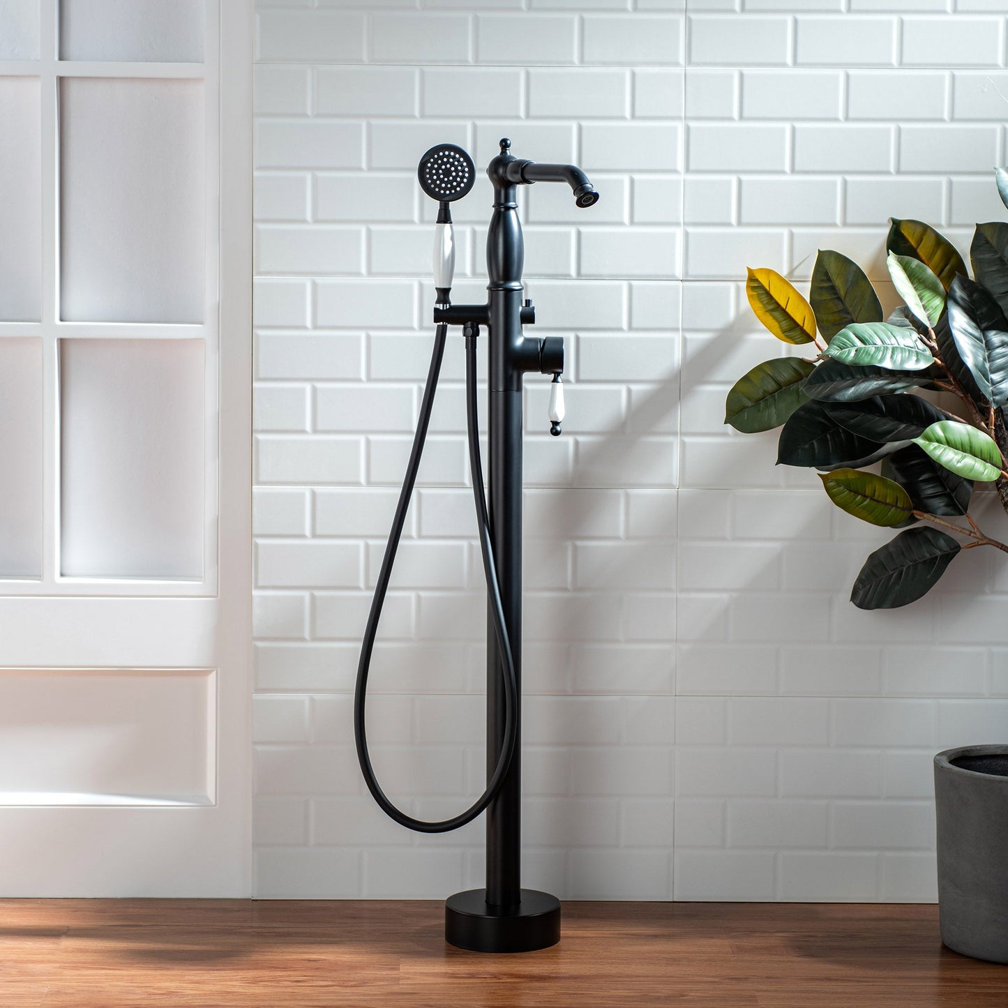 WOODBRIDGE F0047BN Fusion Single Handle Floor Mount Freestanding Tub Filler Faucet with Telephone Hand shower