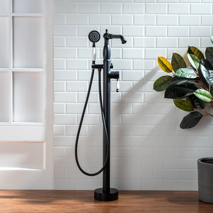 WOODBRIDGE F0047BN Fusion Single Handle Floor Mount Freestanding Tub Filler Faucet with Telephone Hand shower