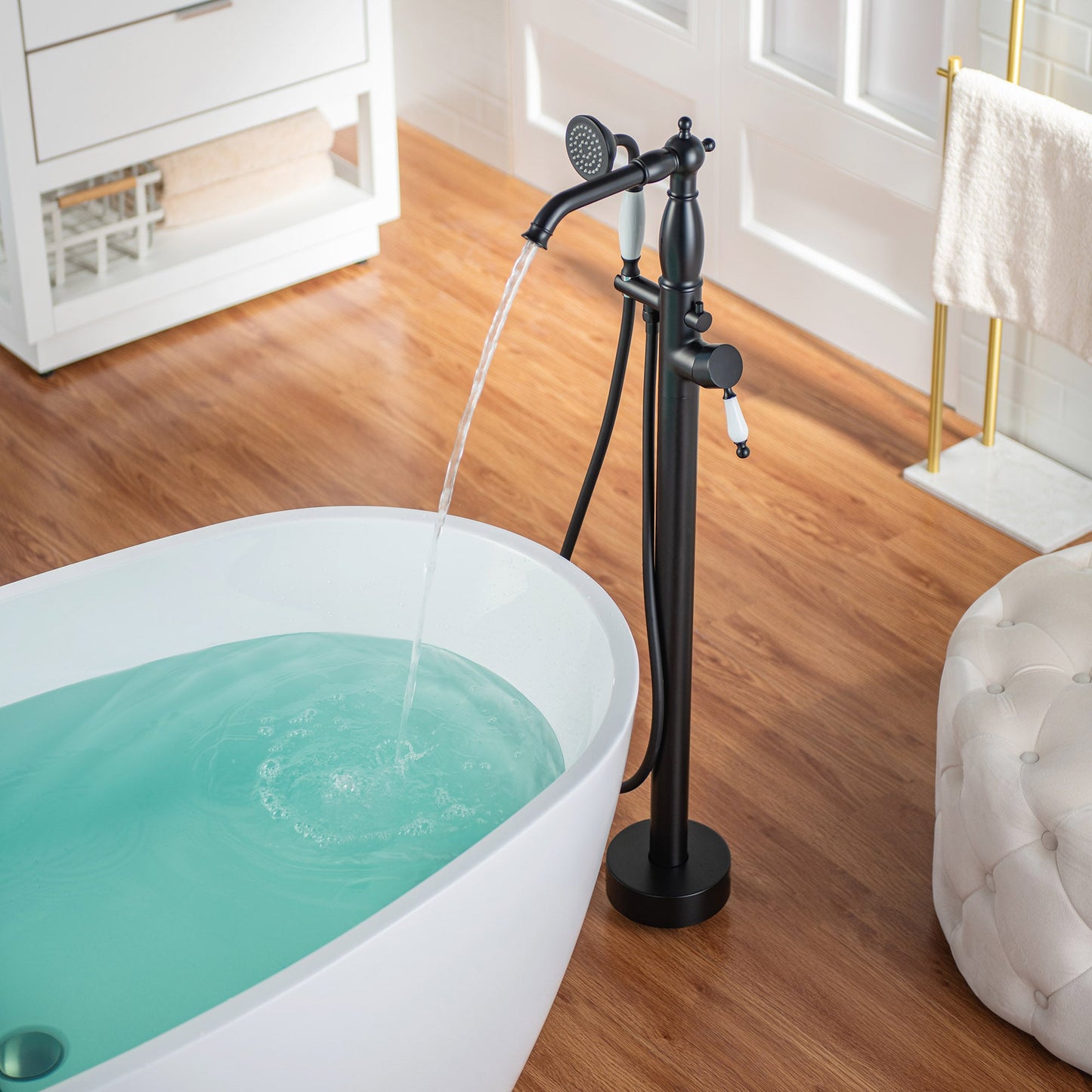 WOODBRIDGE F0047BN Fusion Single Handle Floor Mount Freestanding Tub Filler Faucet with Telephone Hand shower