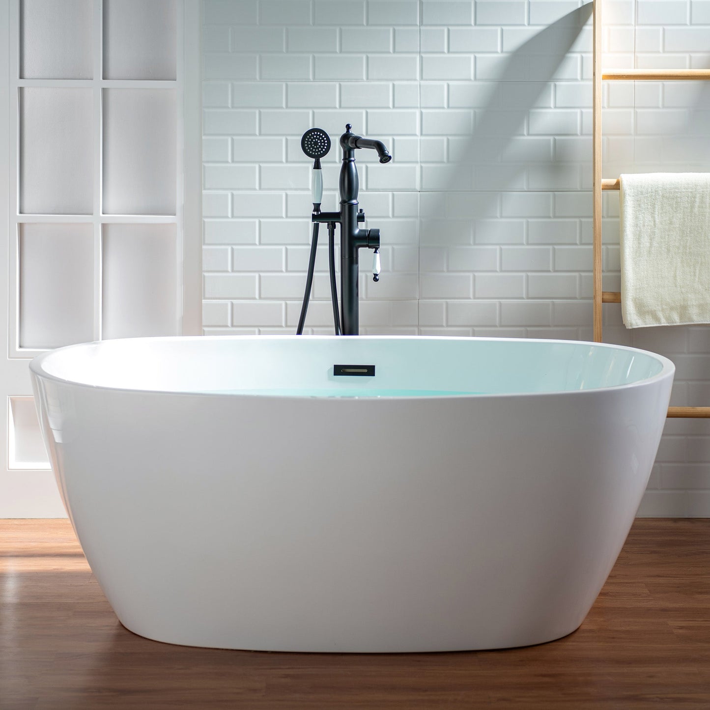 WOODBRIDGE F0047BN Fusion Single Handle Floor Mount Freestanding Tub Filler Faucet with Telephone Hand shower