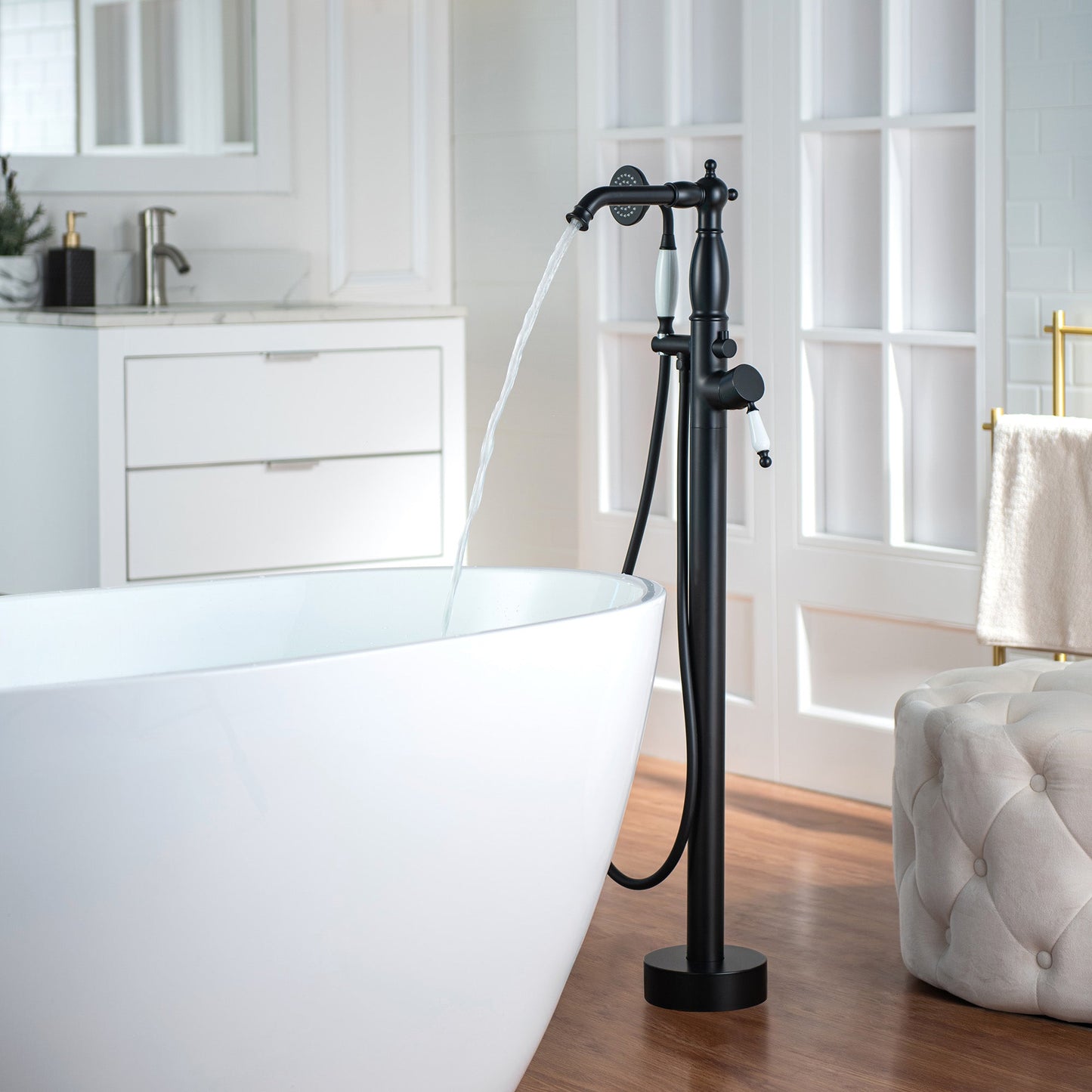 WOODBRIDGE F0047BN Fusion Single Handle Floor Mount Freestanding Tub Filler Faucet with Telephone Hand shower