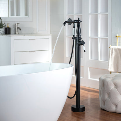 WOODBRIDGE F0047BN Fusion Single Handle Floor Mount Freestanding Tub Filler Faucet with Telephone Hand shower
