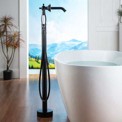 WOODBRIDGE F0047BN Fusion Single Handle Floor Mount Freestanding Tub Filler Faucet with Telephone Hand shower