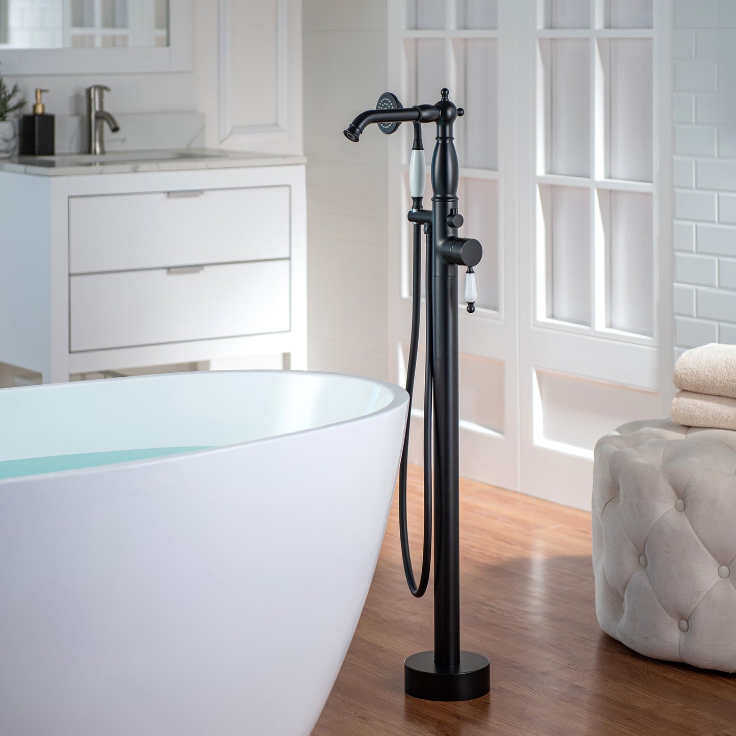 WOODBRIDGE F0047BN Fusion Single Handle Floor Mount Freestanding Tub Filler Faucet with Telephone Hand shower