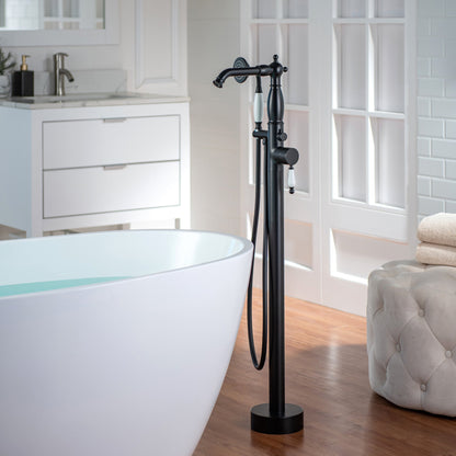 WOODBRIDGE F0047BN Fusion Single Handle Floor Mount Freestanding Tub Filler Faucet with Telephone Hand shower