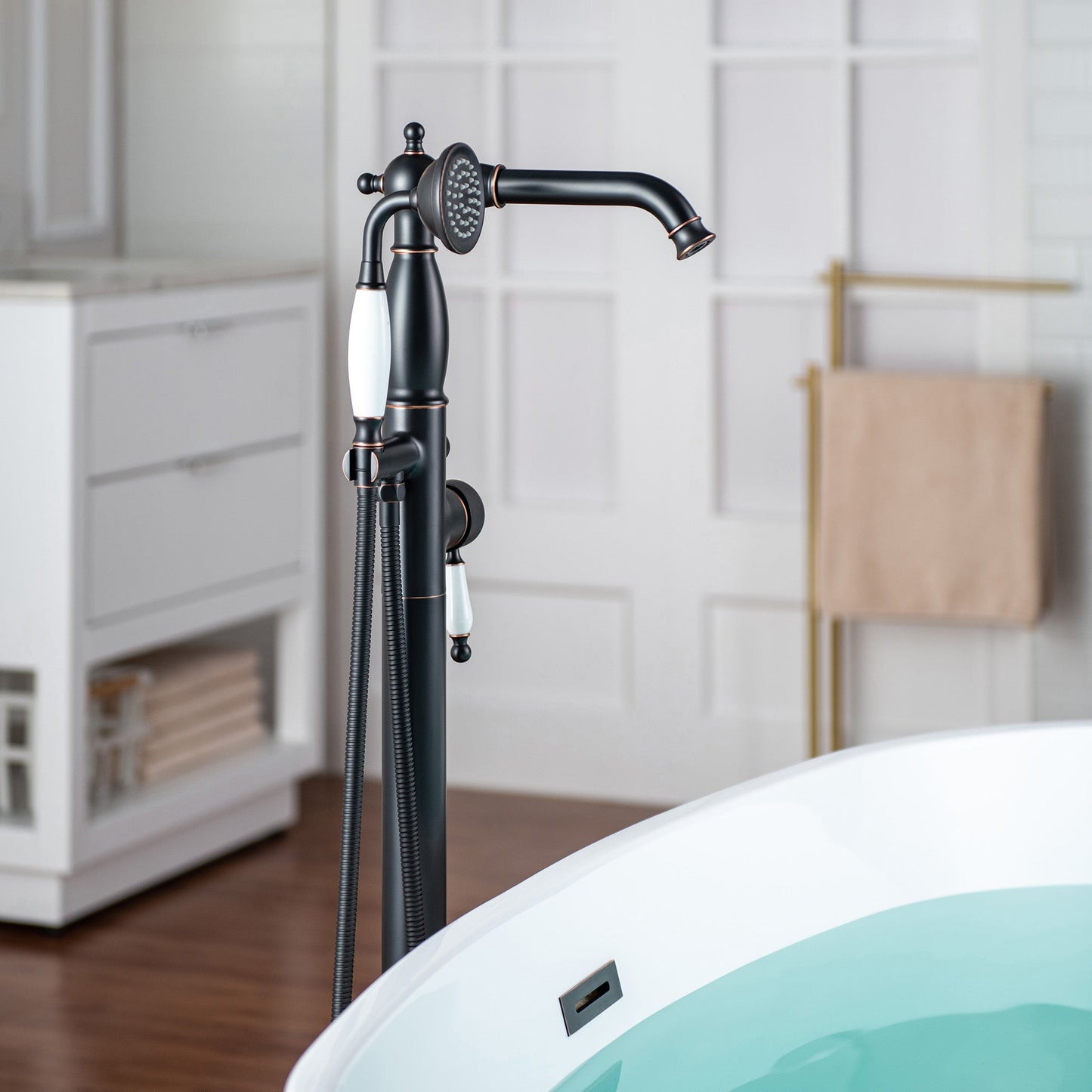 WOODBRIDGE F0047BN Fusion Single Handle Floor Mount Freestanding Tub Filler Faucet with Telephone Hand shower