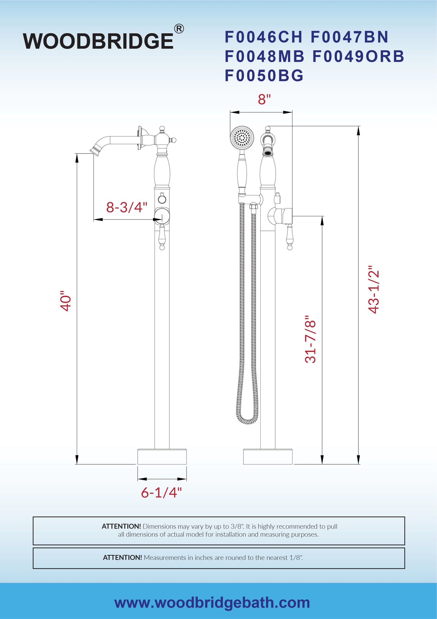 WOODBRIDGE F0047BN Fusion Single Handle Floor Mount Freestanding Tub Filler Faucet with Telephone Hand shower