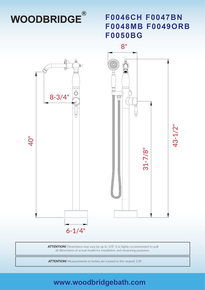 WOODBRIDGE F0047BN Fusion Single Handle Floor Mount Freestanding Tub Filler Faucet with Telephone Hand shower