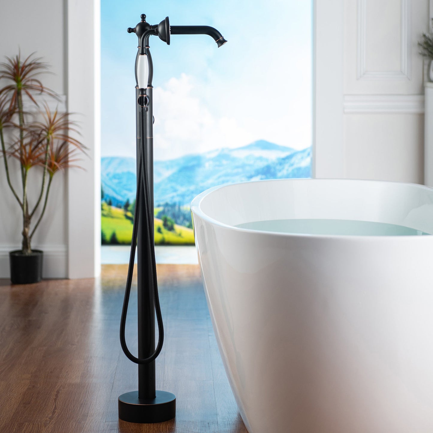 WOODBRIDGE F0047BN Fusion Single Handle Floor Mount Freestanding Tub Filler Faucet with Telephone Hand shower