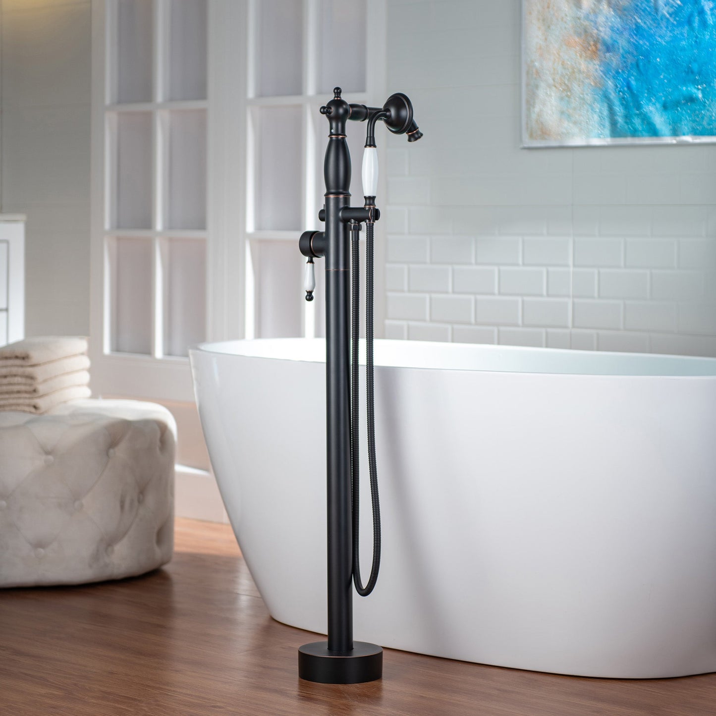 WOODBRIDGE F0047BN Fusion Single Handle Floor Mount Freestanding Tub Filler Faucet with Telephone Hand shower