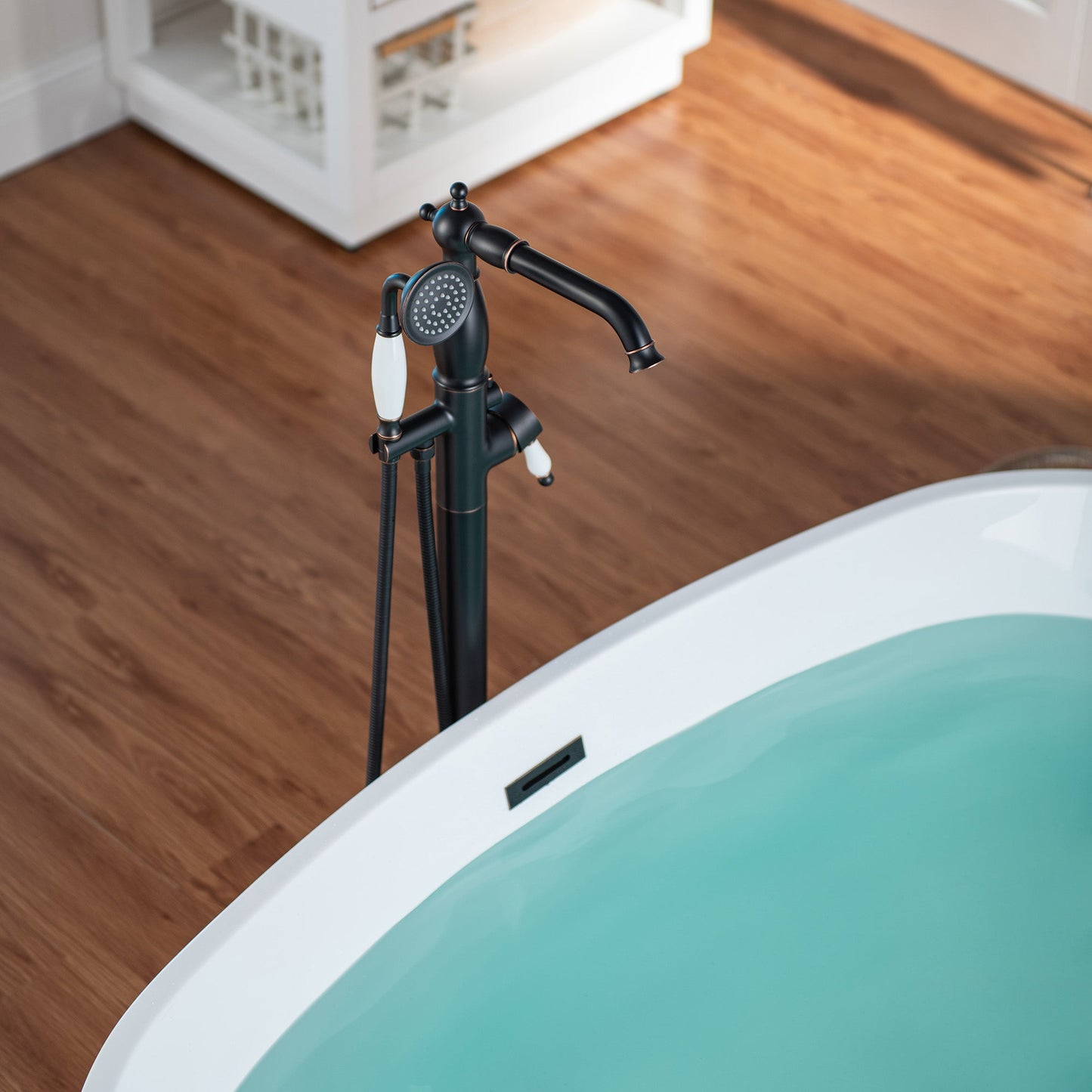 WOODBRIDGE F0047BN Fusion Single Handle Floor Mount Freestanding Tub Filler Faucet with Telephone Hand shower