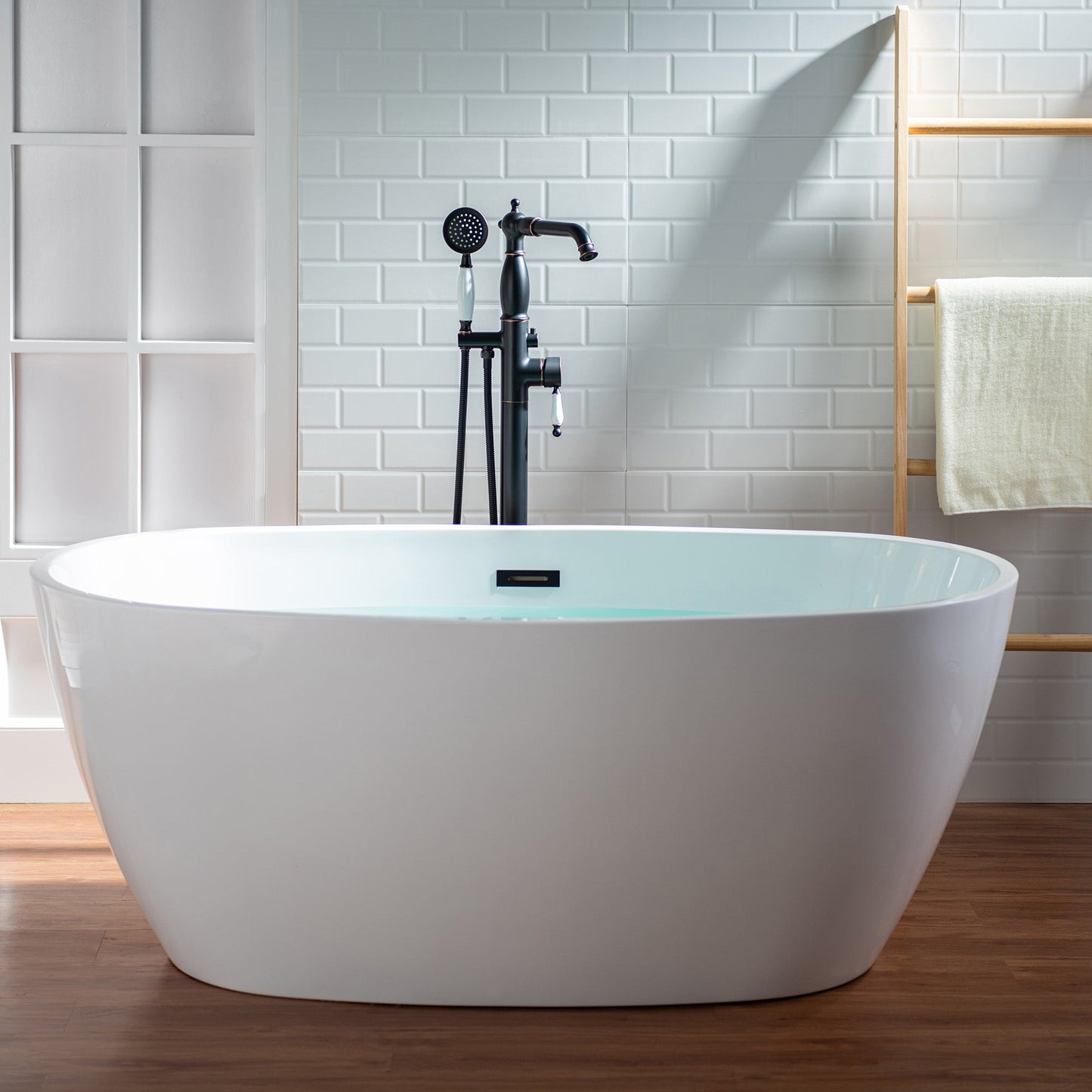 WOODBRIDGE F0047BN Fusion Single Handle Floor Mount Freestanding Tub Filler Faucet with Telephone Hand shower