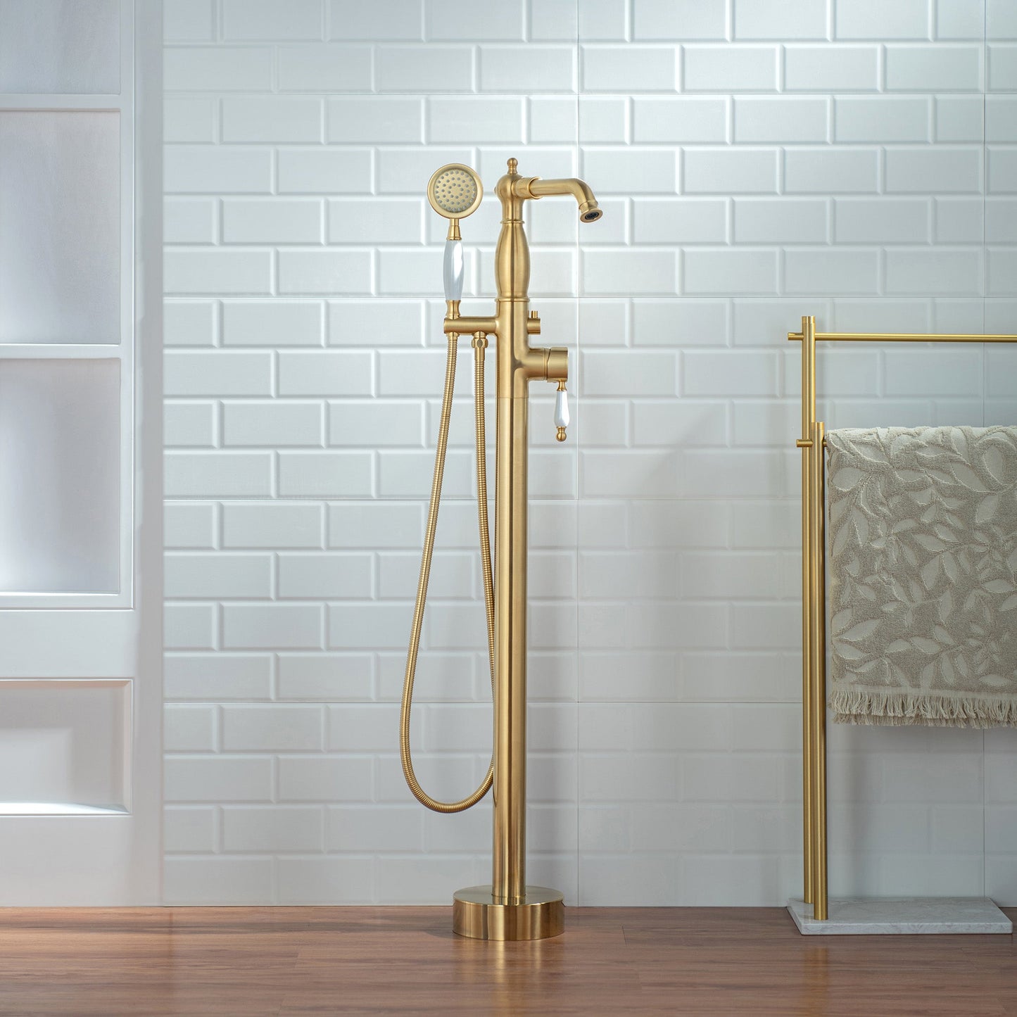 WOODBRIDGE F0047BN Fusion Single Handle Floor Mount Freestanding Tub Filler Faucet with Telephone Hand shower