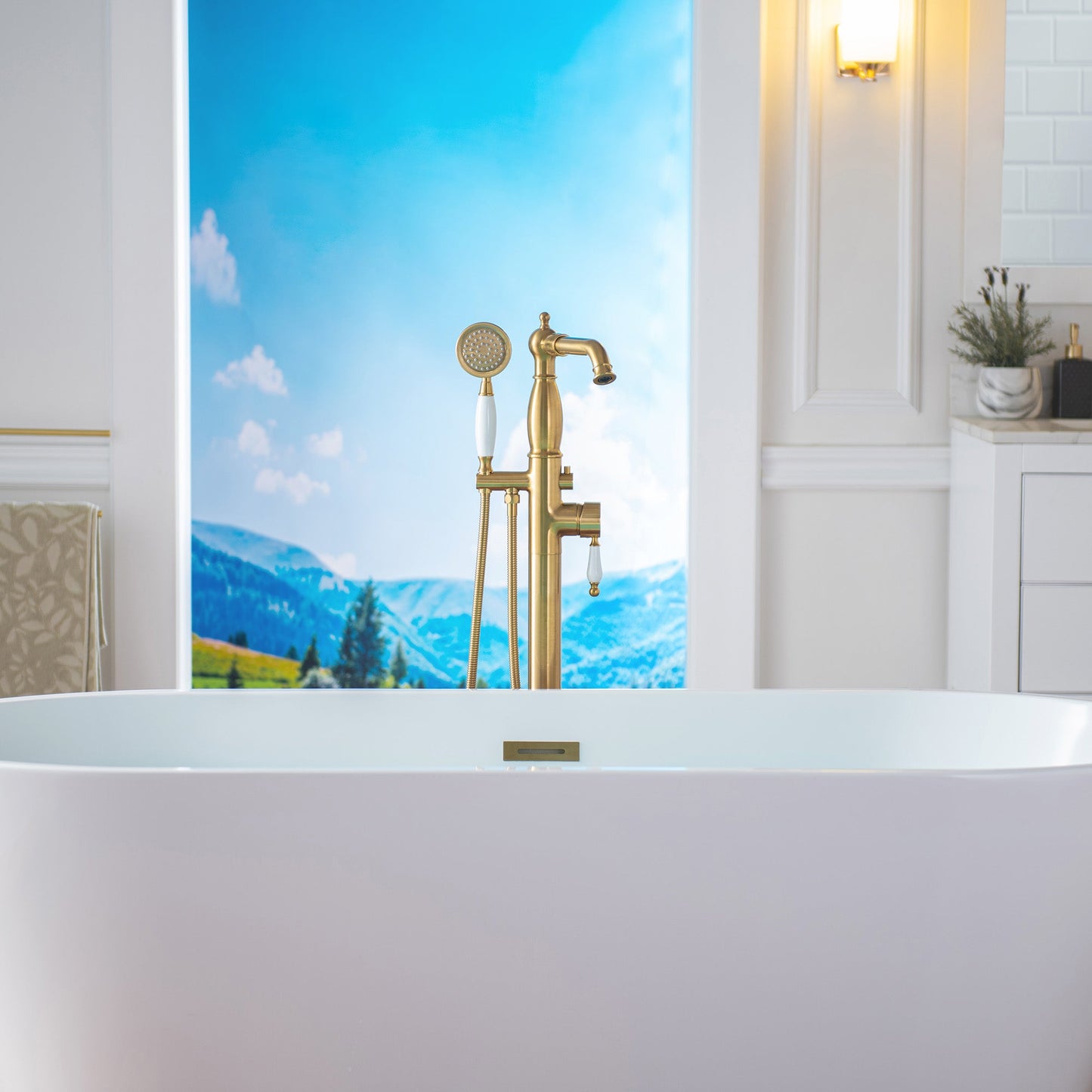 WOODBRIDGE F0047BN Fusion Single Handle Floor Mount Freestanding Tub Filler Faucet with Telephone Hand shower