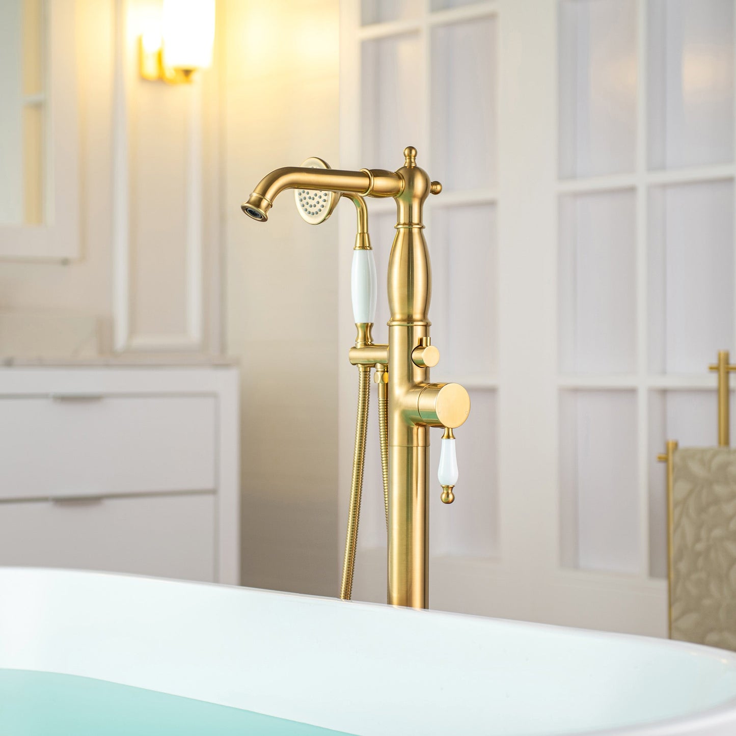 WOODBRIDGE F0047BN Fusion Single Handle Floor Mount Freestanding Tub Filler Faucet with Telephone Hand shower