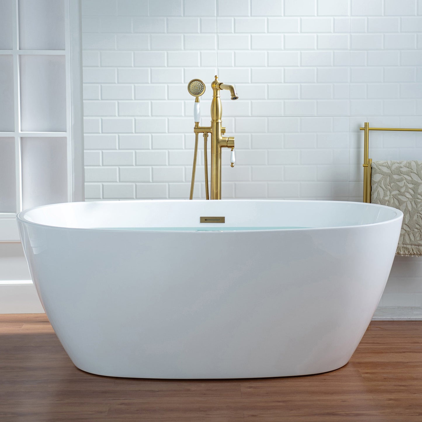 WOODBRIDGE F0047BN Fusion Single Handle Floor Mount Freestanding Tub Filler Faucet with Telephone Hand shower