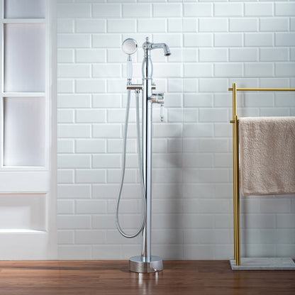 WOODBRIDGE F0047BN Fusion Single Handle Floor Mount Freestanding Tub Filler Faucet with Telephone Hand shower