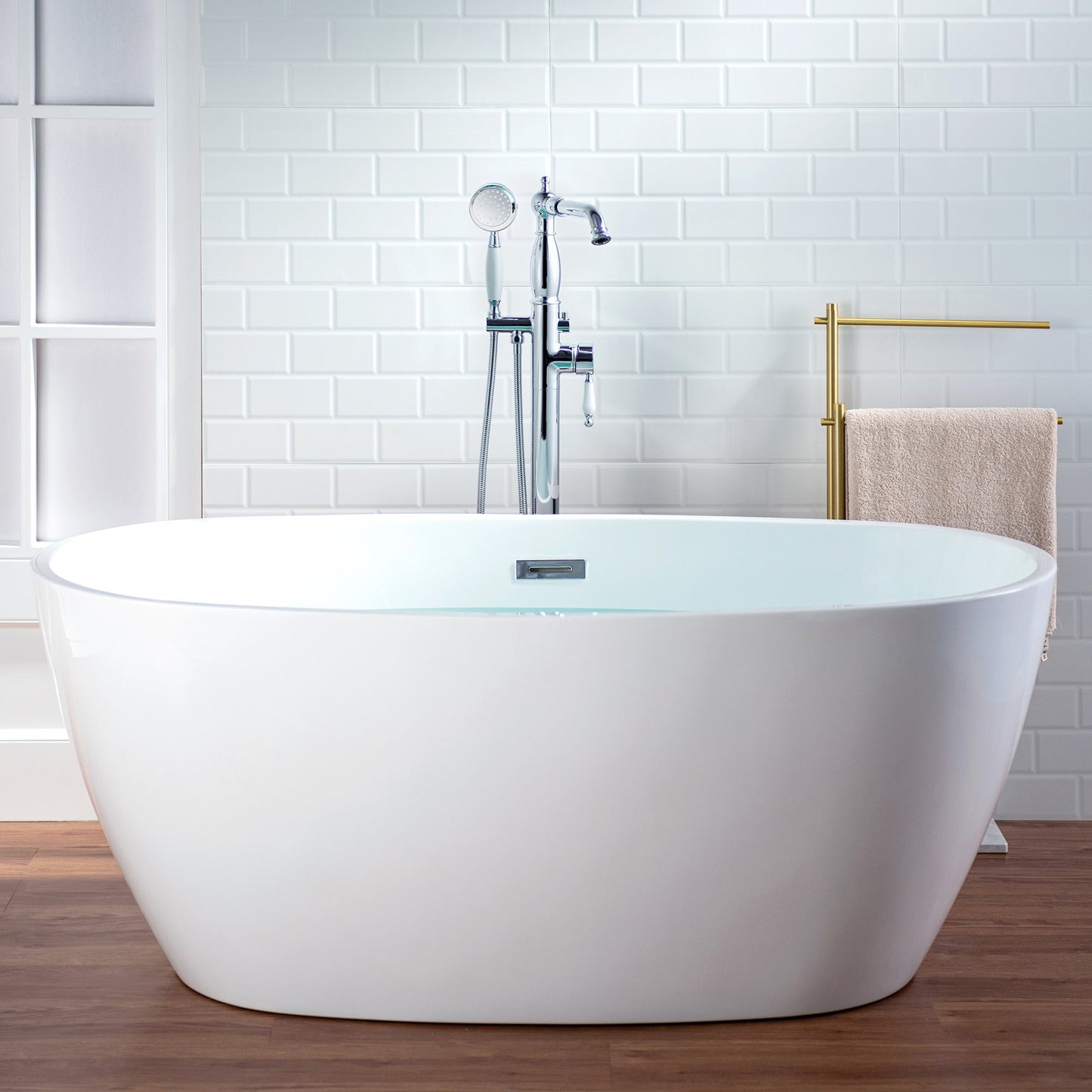 WOODBRIDGE F0047BN Fusion Single Handle Floor Mount Freestanding Tub Filler Faucet with Telephone Hand shower