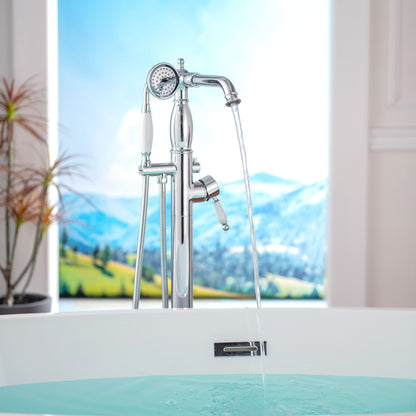 WOODBRIDGE F0047BN Fusion Single Handle Floor Mount Freestanding Tub Filler Faucet with Telephone Hand shower