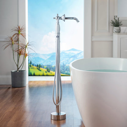 WOODBRIDGE F0047BN Fusion Single Handle Floor Mount Freestanding Tub Filler Faucet with Telephone Hand shower