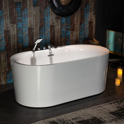 WOODBRIDGE 59" x 31-1/2" Whirlpool Water Jetted and Air Bubble Freestanding Heated Soaking Combination Bathtub with Tub Filler and LED control panel