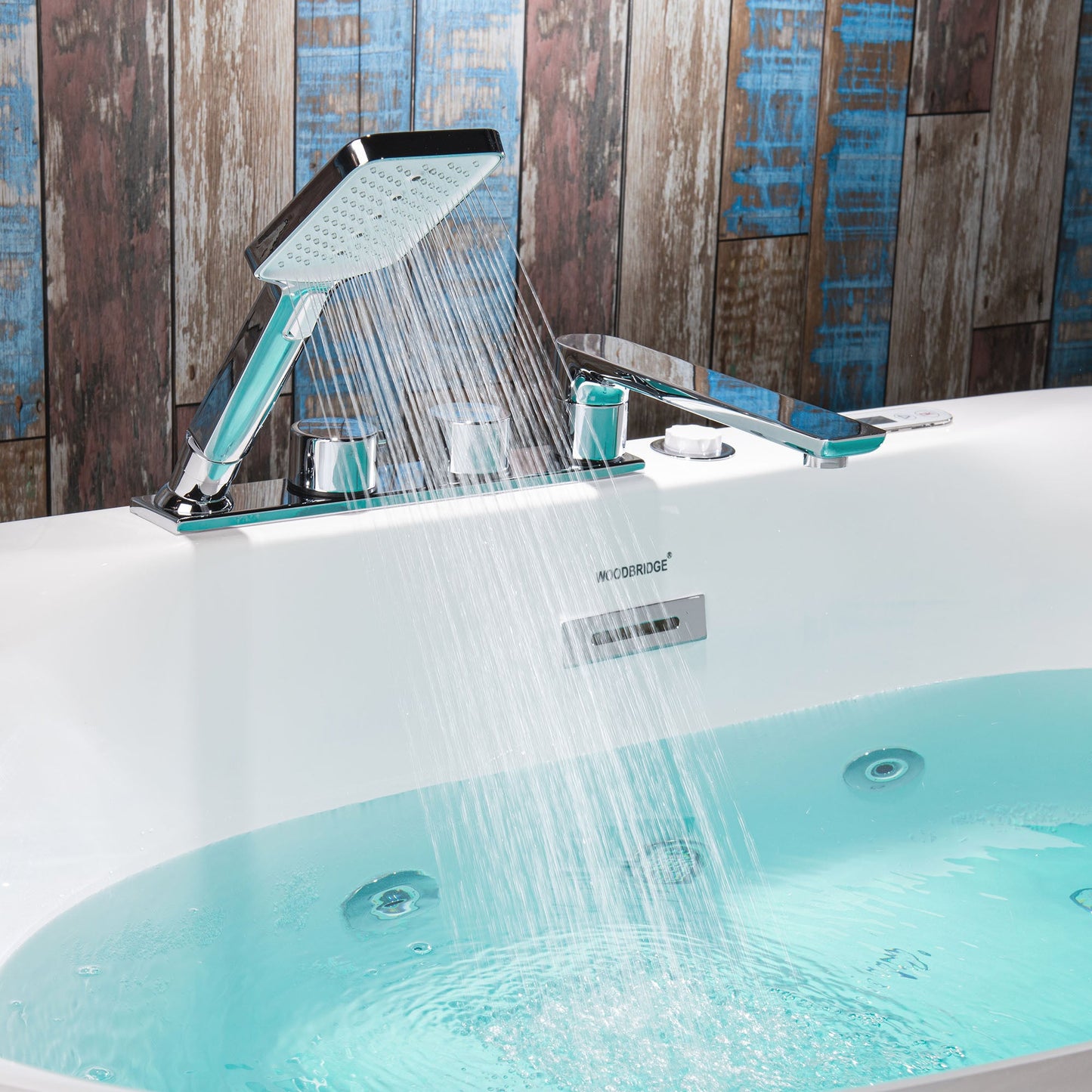 WOODBRIDGE 59" x 31-1/2" Whirlpool Water Jetted and Air Bubble Freestanding Heated Soaking Combination Bathtub with Tub Filler and LED control panel