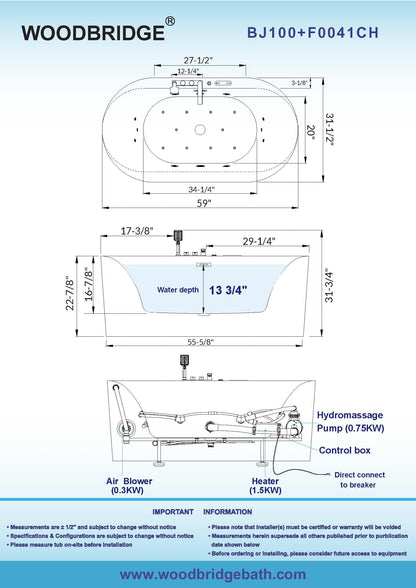 WOODBRIDGE 59" x 31-1/2" Whirlpool Water Jetted and Air Bubble Freestanding Heated Soaking Combination Bathtub with Tub Filler and LED control panel