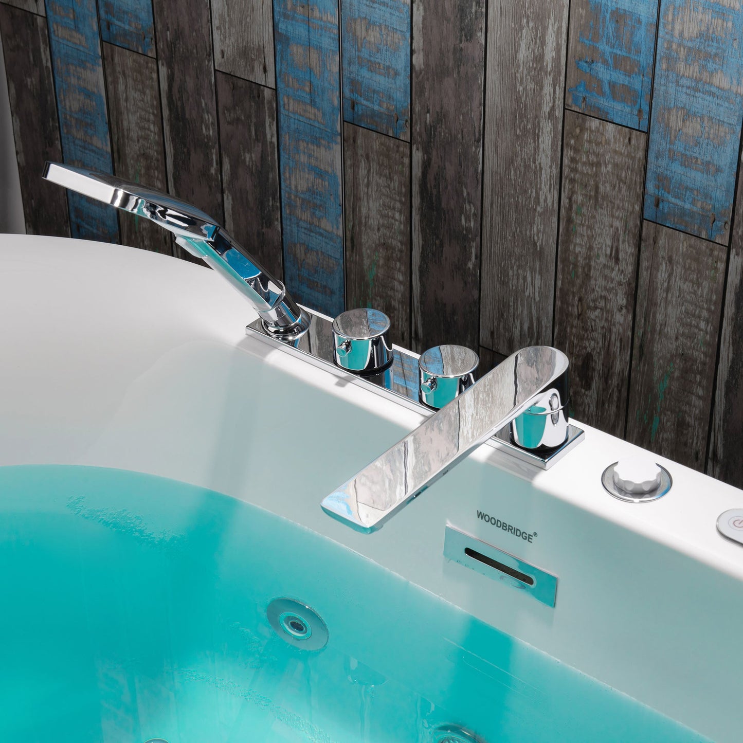 WOODBRIDGE 59" x 31-1/2" Whirlpool Water Jetted and Air Bubble Freestanding Heated Soaking Combination Bathtub with Tub Filler and LED control panel