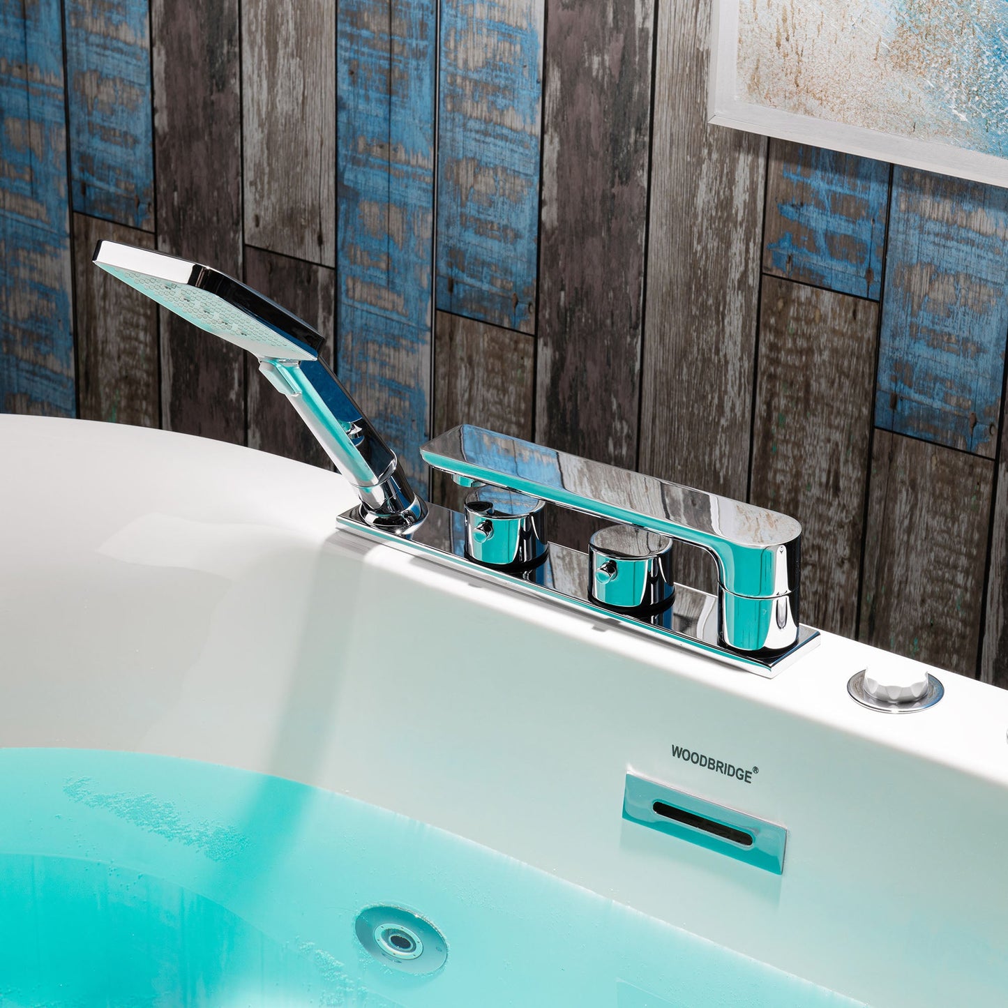 WOODBRIDGE 59" x 31-1/2" Whirlpool Water Jetted and Air Bubble Freestanding Heated Soaking Combination Bathtub with Tub Filler and LED control panel