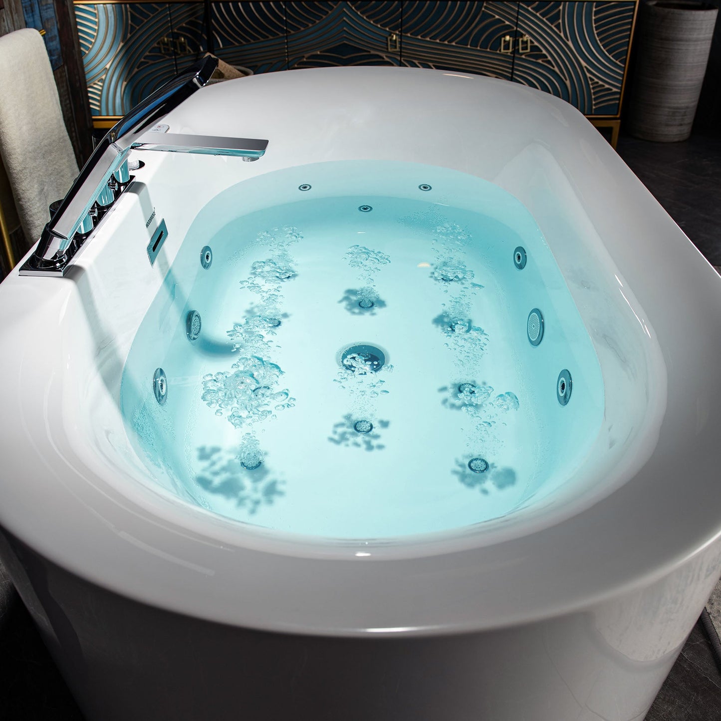 WOODBRIDGE 59" x 31-1/2" Whirlpool Water Jetted and Air Bubble Freestanding Heated Soaking Combination Bathtub with Tub Filler and LED control panel