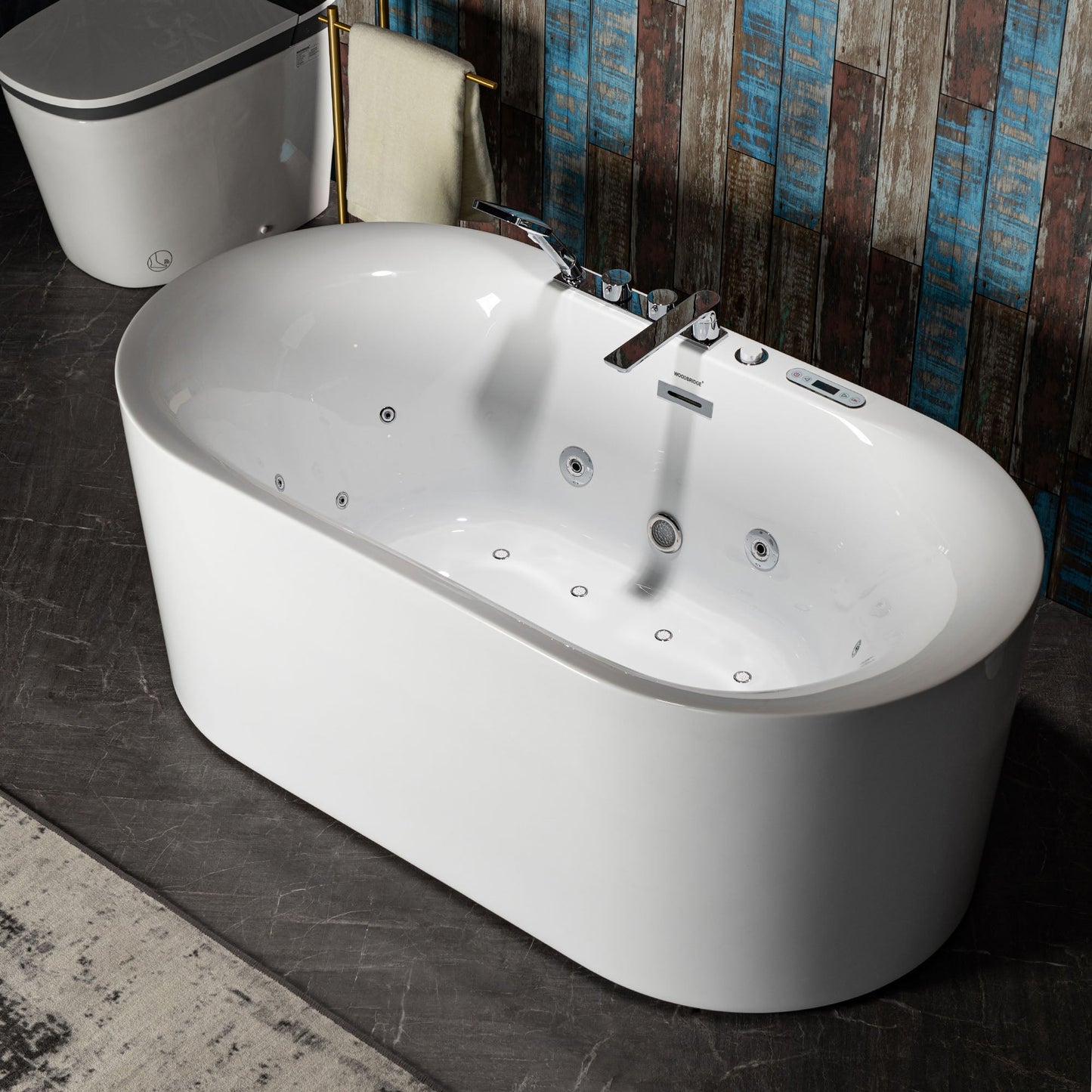 WOODBRIDGE 59" x 31-1/2" Whirlpool Water Jetted and Air Bubble Freestanding Heated Soaking Combination Bathtub with Tub Filler and LED control panel