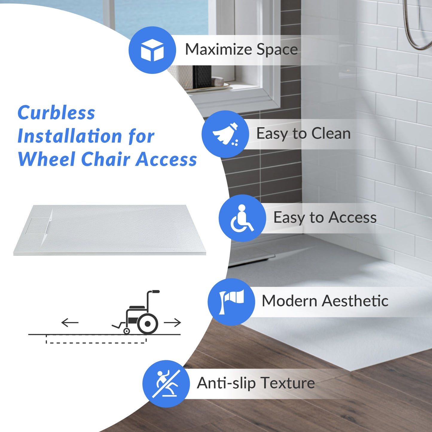 WOODBRIDGE 47.5 in L x 31.5 in W Zero Threshold End Drain Shower Base with Reversible Drain Placement, Matching Decorative Drain Plate and Tile Flange, Wheel Chair Access, Low Profile