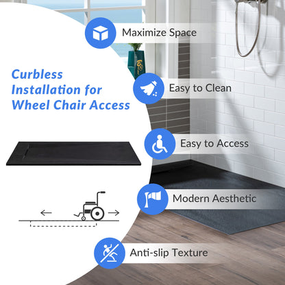WOODBRIDGE 47.5 in L x 31.5 in W Zero Threshold End Drain Shower Base with Reversible Drain Placement, Matching Decorative Drain Plate and Tile Flange, Wheel Chair Access, Low Profile