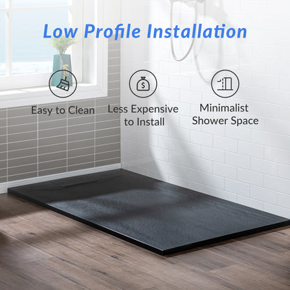 WOODBRIDGE 47.5 in L x 31.5 in W Zero Threshold End Drain Shower Base with Reversible Drain Placement, Matching Decorative Drain Plate and Tile Flange, Wheel Chair Access, Low Profile