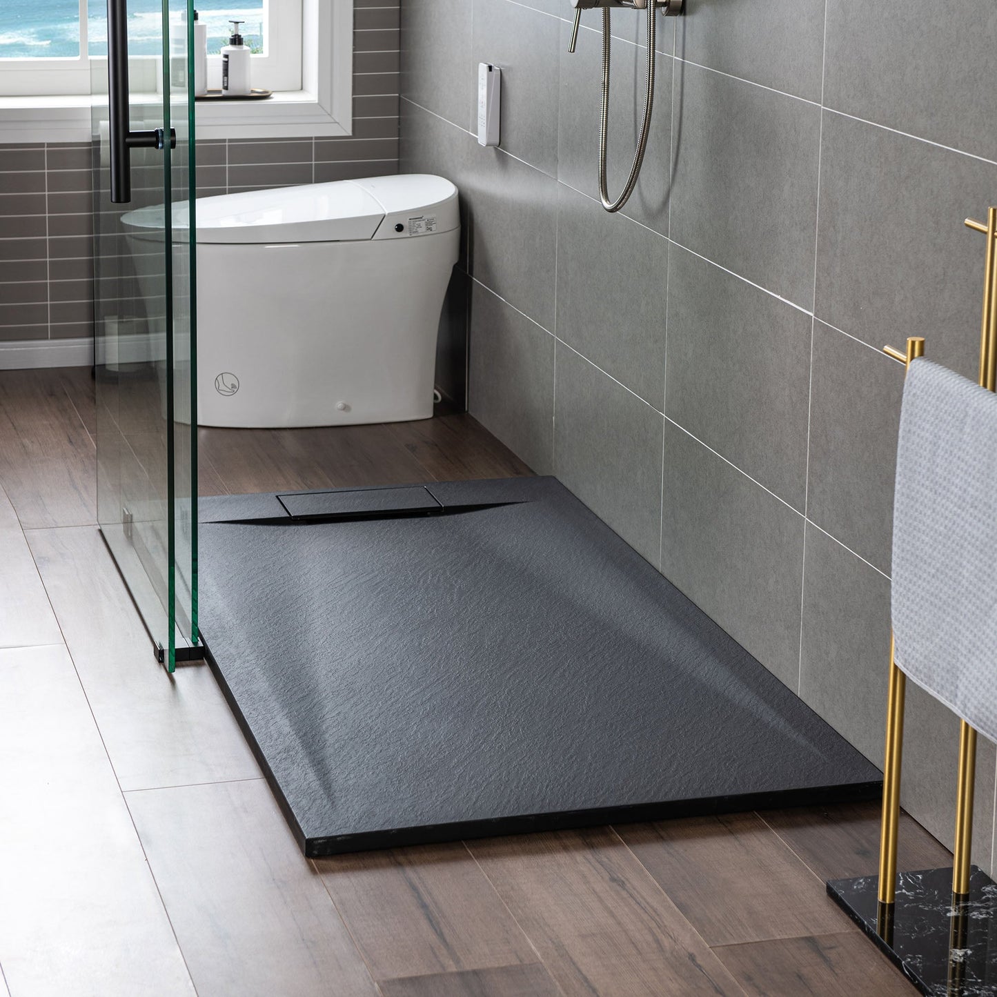 WOODBRIDGE 47.5 in L x 31.5 in W Zero Threshold End Drain Shower Base with Reversible Drain Placement, Matching Decorative Drain Plate and Tile Flange, Wheel Chair Access, Low Profile
