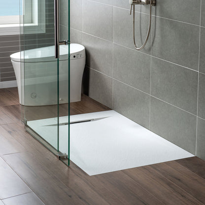 WOODBRIDGE 60 in L x 35.4 in W Zero Threshold End Drain Shower Base with Reversible Drain Placement, Matching Decorative Drain Plate and Tile Flange, Wheel Chair Access, Low Profile