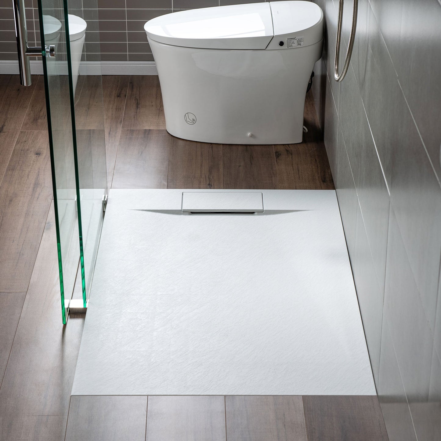 WOODBRIDGE 60 in L x 35.4 in W Zero Threshold End Drain Shower Base with Reversible Drain Placement, Matching Decorative Drain Plate and Tile Flange, Wheel Chair Access, Low Profile