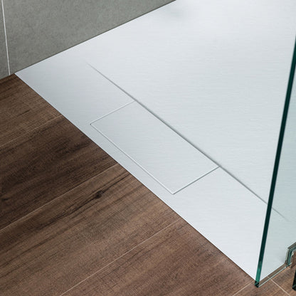 WOODBRIDGE 60 in L x 35.4 in W Zero Threshold End Drain Shower Base with Reversible Drain Placement, Matching Decorative Drain Plate and Tile Flange, Wheel Chair Access, Low Profile