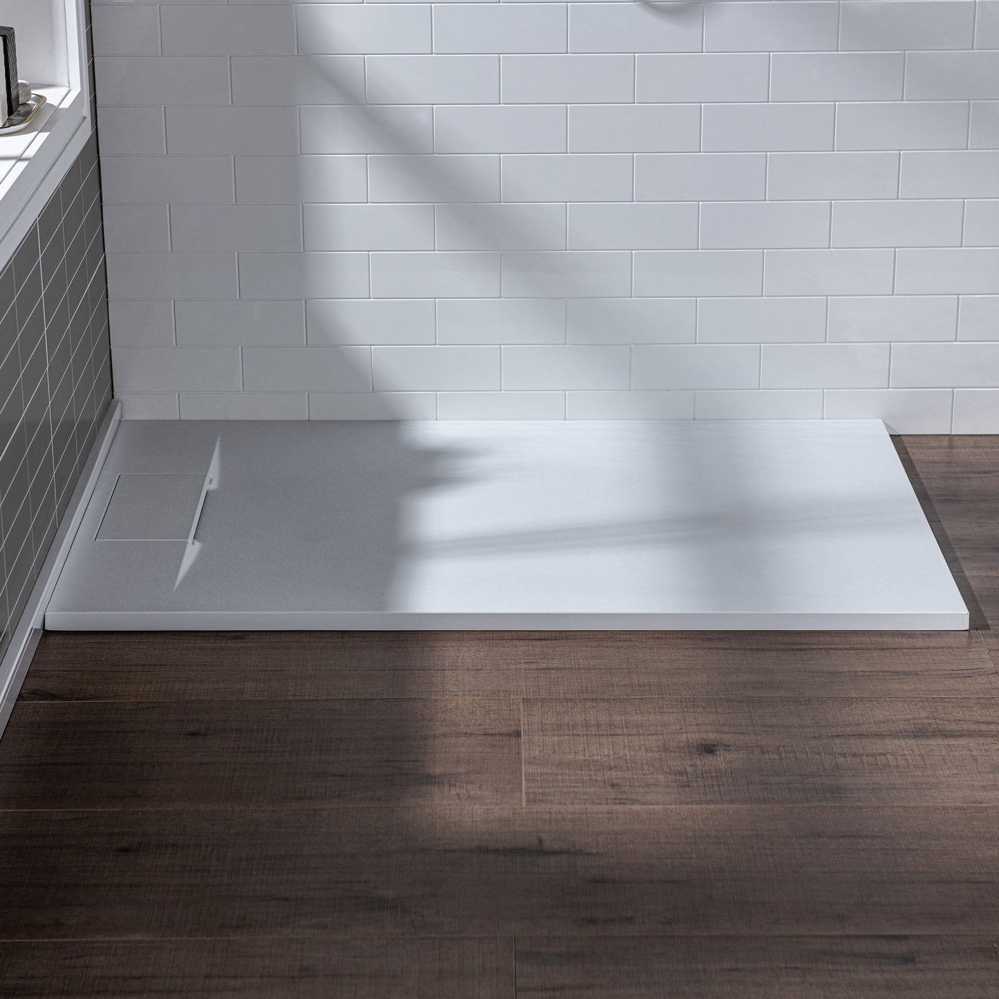 WOODBRIDGE 60 in L x 35.4 in W Zero Threshold End Drain Shower Base with Reversible Drain Placement, Matching Decorative Drain Plate and Tile Flange, Wheel Chair Access, Low Profile