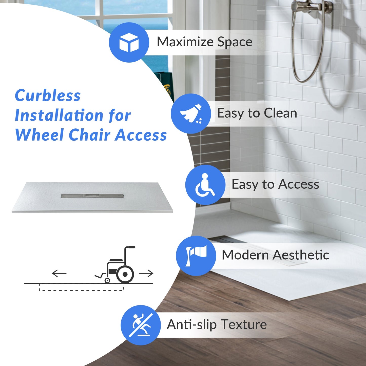 WOODBRIDGE 47.5 in L x 35.4 in W Zero Threshold End Drain Shower Base with Center Drain Placement, Matching Decorative Drain Plate and Tile Flange, Wheel Chair Access, Low Profile