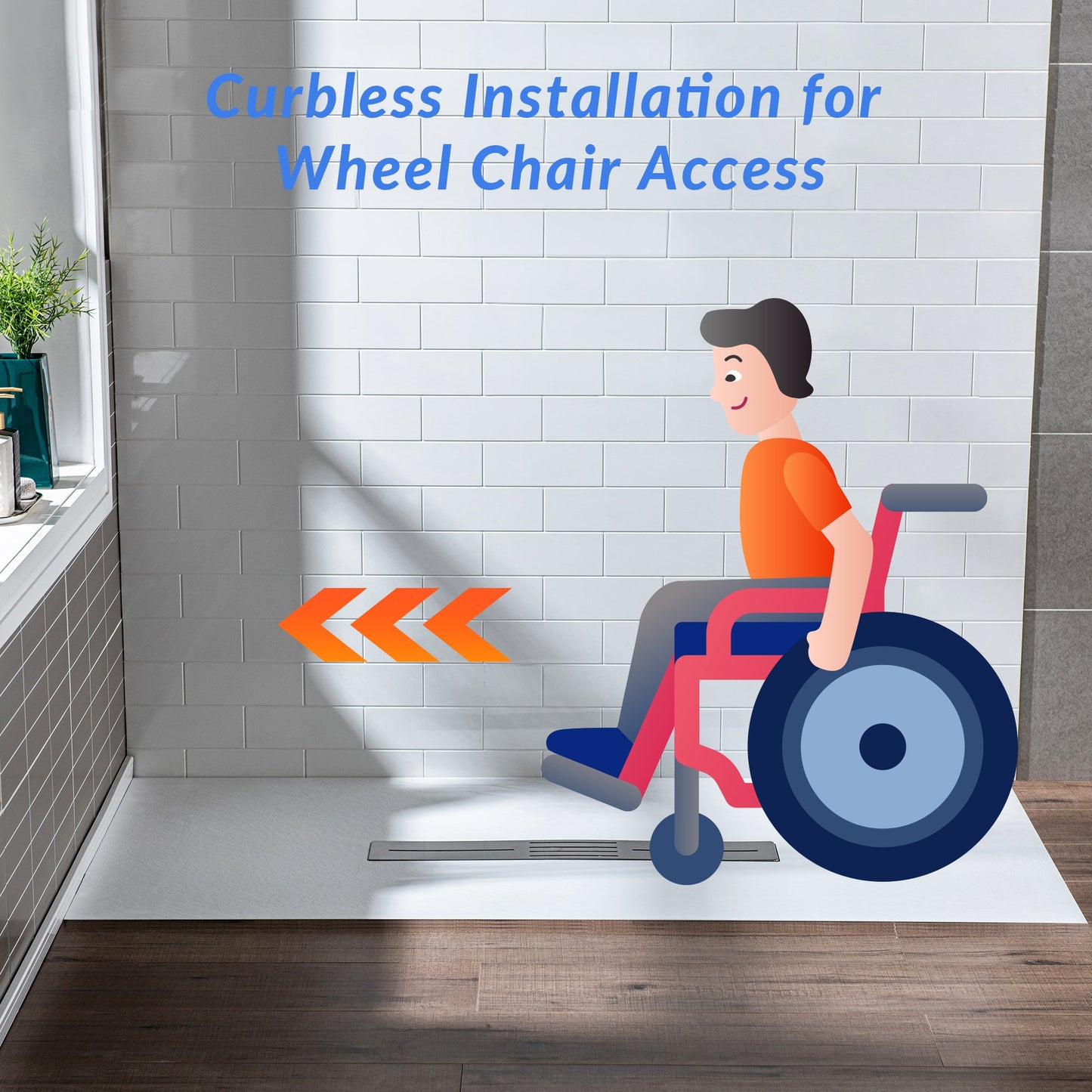 WOODBRIDGE 47.5 in L x 35.4 in W Zero Threshold End Drain Shower Base with Center Drain Placement, Matching Decorative Drain Plate and Tile Flange, Wheel Chair Access, Low Profile