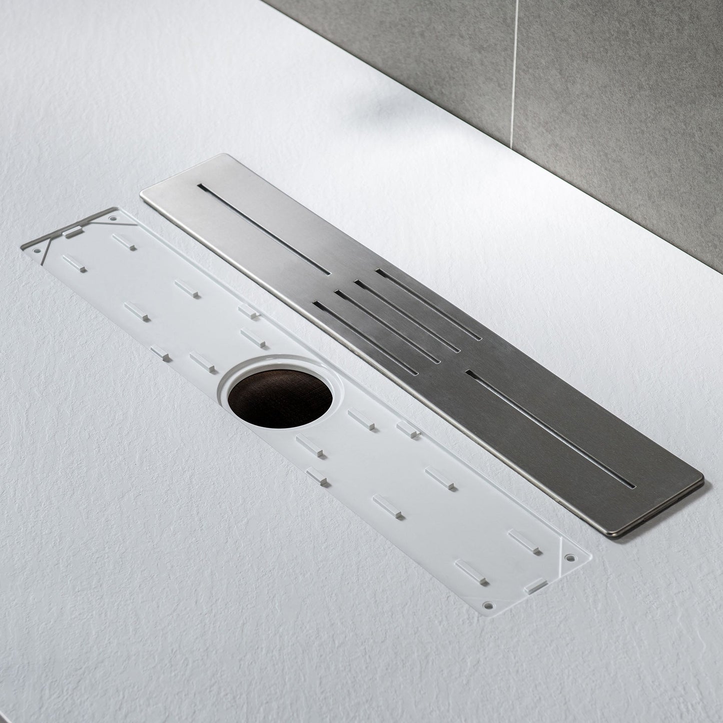 WOODBRIDGE 47.5 in L x 35.4 in W Zero Threshold End Drain Shower Base with Center Drain Placement, Matching Decorative Drain Plate and Tile Flange, Wheel Chair Access, Low Profile