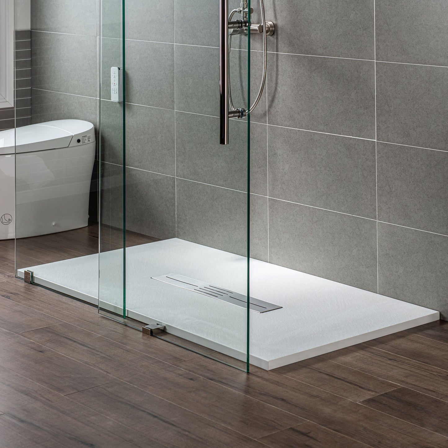 WOODBRIDGE 47.5 in L x 35.4 in W Zero Threshold End Drain Shower Base with Center Drain Placement, Matching Decorative Drain Plate and Tile Flange, Wheel Chair Access, Low Profile