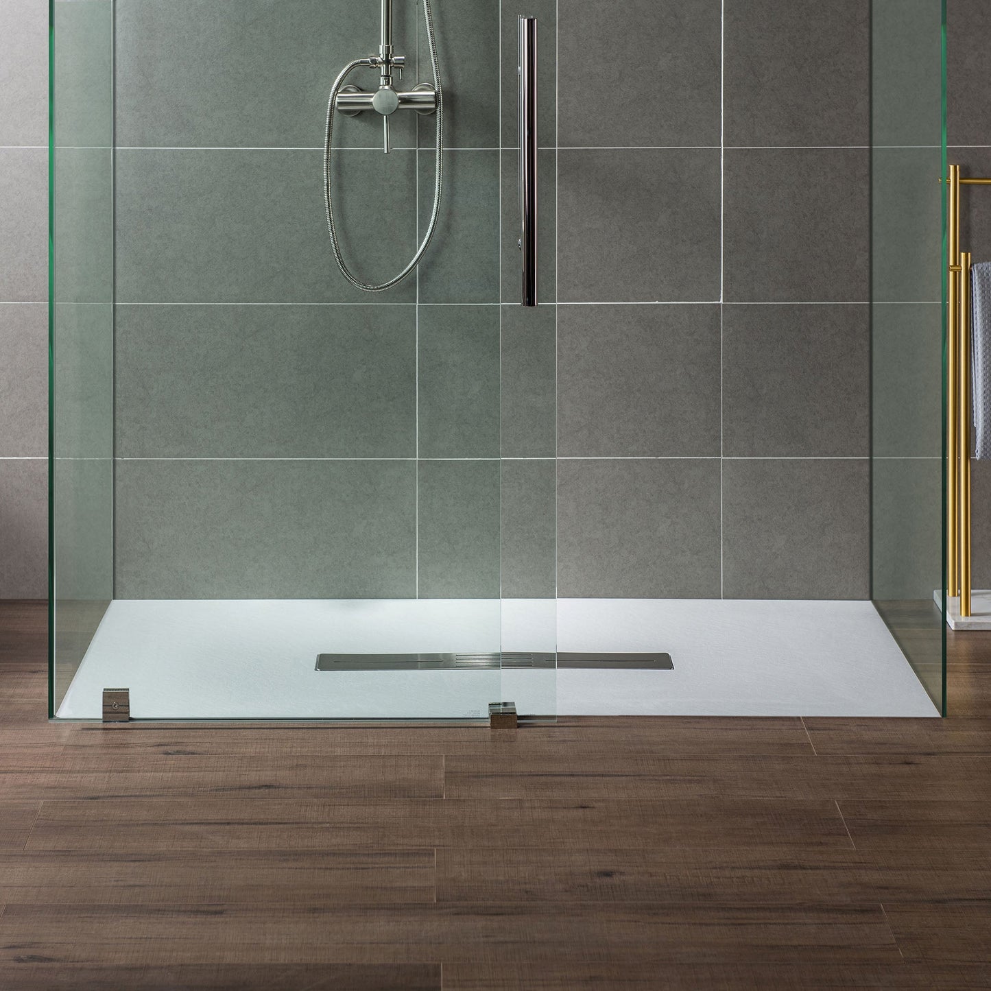 WOODBRIDGE 47.5 in L x 35.4 in W Zero Threshold End Drain Shower Base with Center Drain Placement, Matching Decorative Drain Plate and Tile Flange, Wheel Chair Access, Low Profile