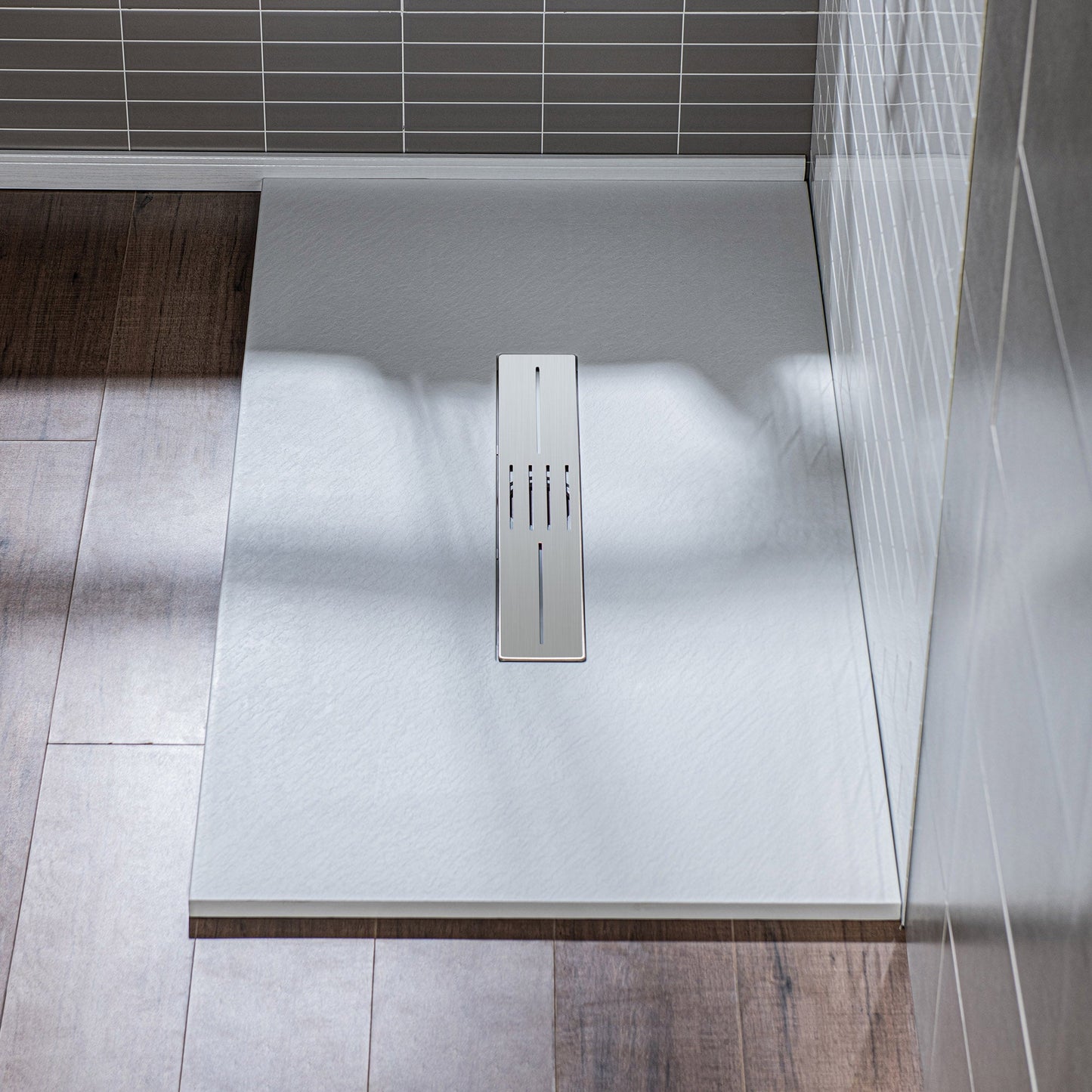 WOODBRIDGE 47.5 in L x 35.4 in W Zero Threshold End Drain Shower Base with Center Drain Placement, Matching Decorative Drain Plate and Tile Flange, Wheel Chair Access, Low Profile