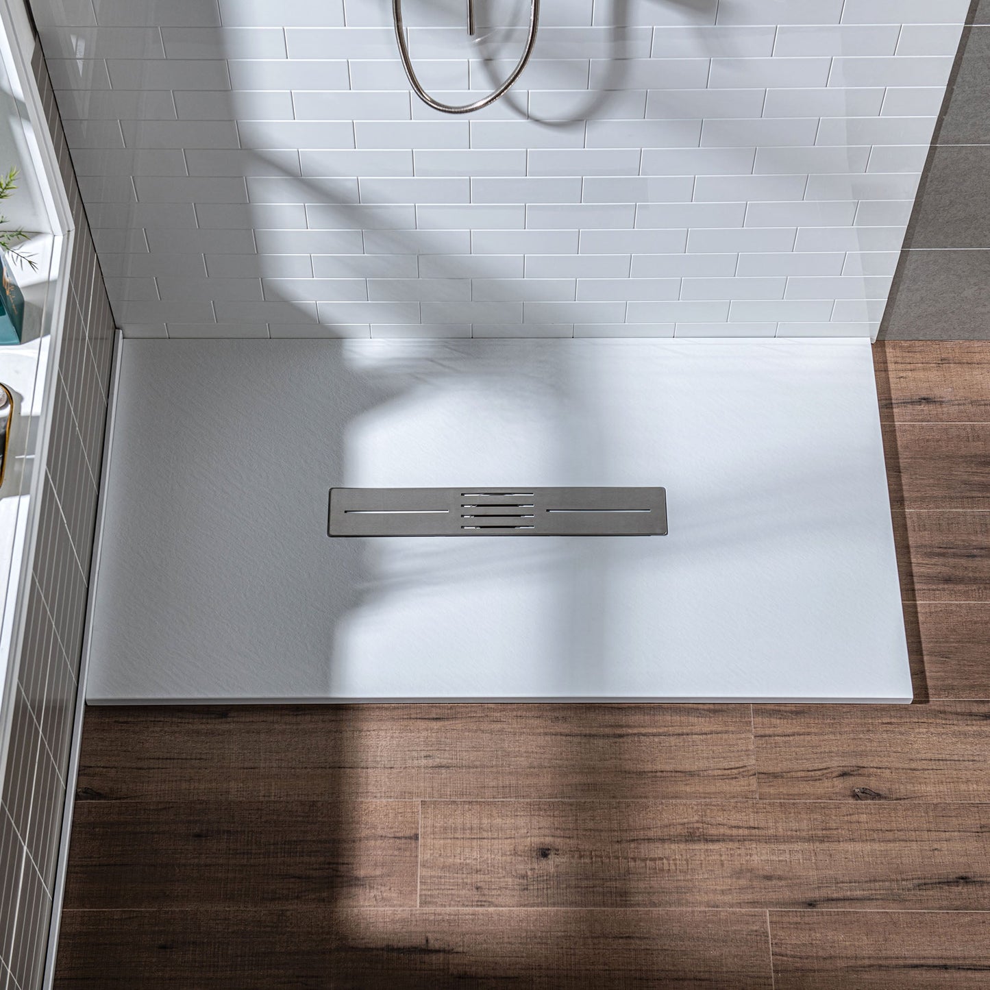 WOODBRIDGE 47.5 in L x 35.4 in W Zero Threshold End Drain Shower Base with Center Drain Placement, Matching Decorative Drain Plate and Tile Flange, Wheel Chair Access, Low Profile