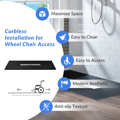 WOODBRIDGE 47.5 in L x 35.4 in W Zero Threshold End Drain Shower Base with Center Drain Placement, Matching Decorative Drain Plate and Tile Flange, Wheel Chair Access, Low Profile