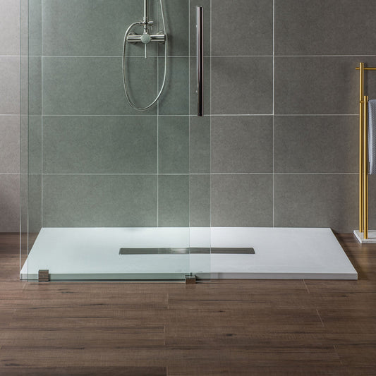 WOODBRIDGE 59 in L x 35.4 in W Zero Threshold End Drain Shower Base with Center Drain Placement, Matching Decorative Drain Plate and Tile Flange, Wheel Chair Access, Low Profile