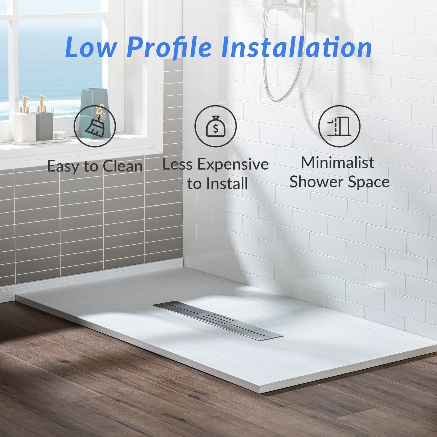 WOODBRIDGE 59 in L x 35.4 in W Zero Threshold End Drain Shower Base with Center Drain Placement, Matching Decorative Drain Plate and Tile Flange, Wheel Chair Access, Low Profile