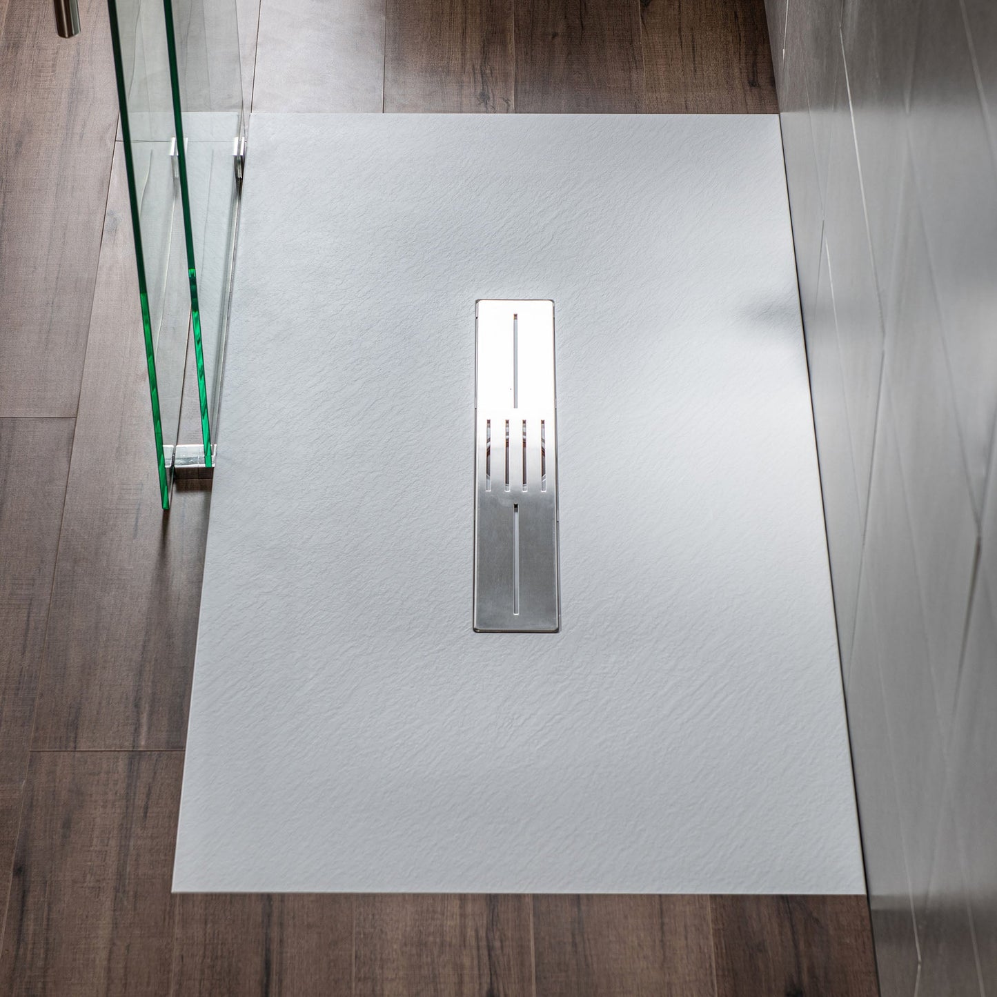 WOODBRIDGE 59 in L x 35.4 in W Zero Threshold End Drain Shower Base with Center Drain Placement, Matching Decorative Drain Plate and Tile Flange, Wheel Chair Access, Low Profile